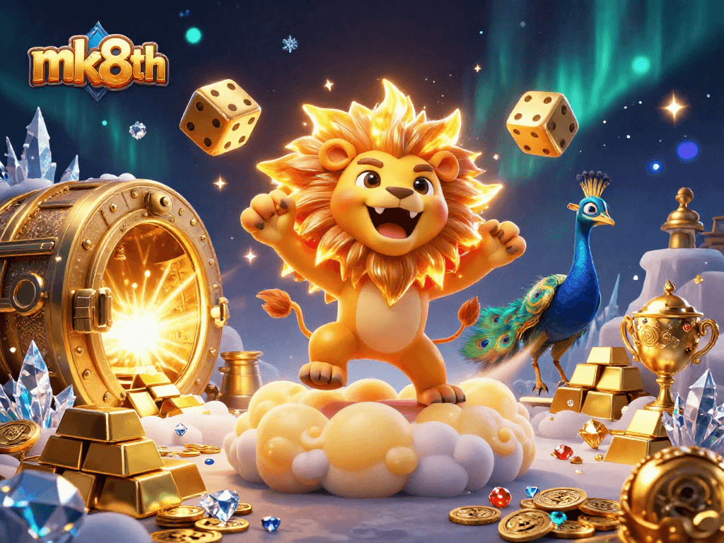 Experience thrilling wins at mk8th with 3D cartoon characters celebrating triumphant moments in a vibrant casino-themed scene.