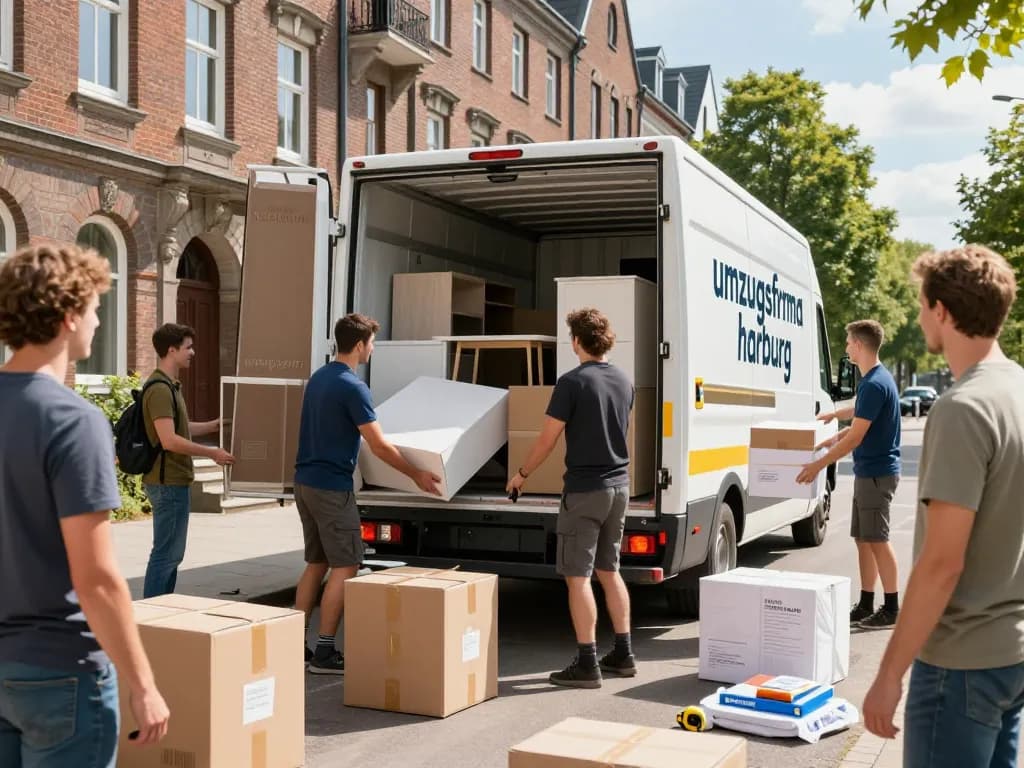 Professionelle Umzugshelfer von umzugsfirma harburg laden Möbel an einem sonnigen Tag in einen Lkw.