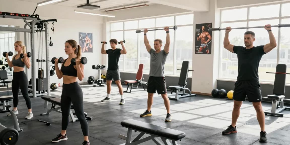 Anabolika Shop für Bodybuilder in einem modernen Fitnessstudio, wo mehrere Athleten im Training sind.