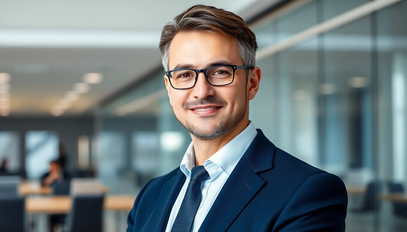 Professionelles Business Portrait München, umgeben von einer modernen Büroumgebung und natürlichem Licht.