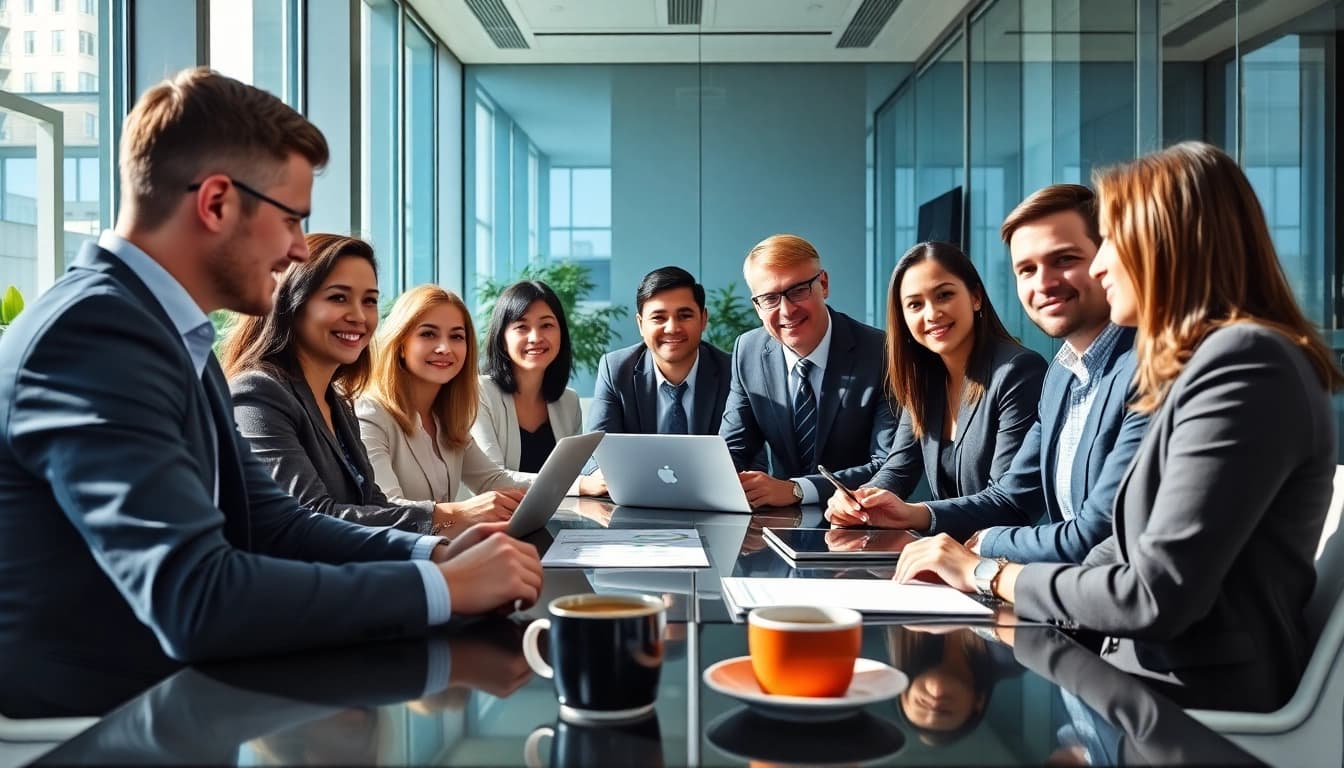 Illustration eines professionellen Teams in einem modernen Büro, das Strategien zur Personalvermittlung im Vertrieb diskutiert.