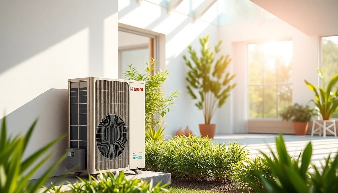 Die wärmepumpe bosch effizient in einem modernen Zuhause präsentieren, umgeben von einem schön gestalteten Garten.
