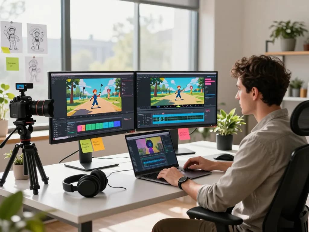 Video production workspace showcasing motion control technology in action as a creative professional edits animations.