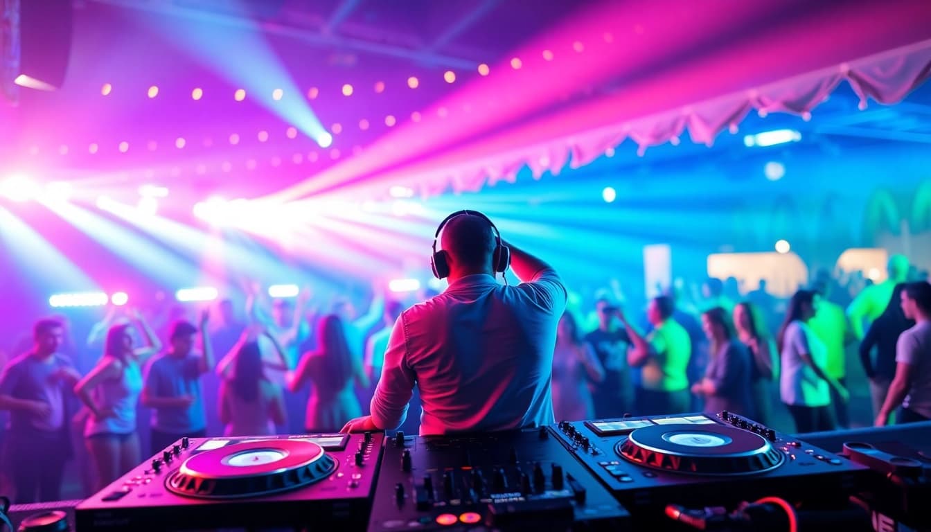 DJ aus München begeistert die Menge mit pulsierenden Beats und leuchtenden Lichtern.