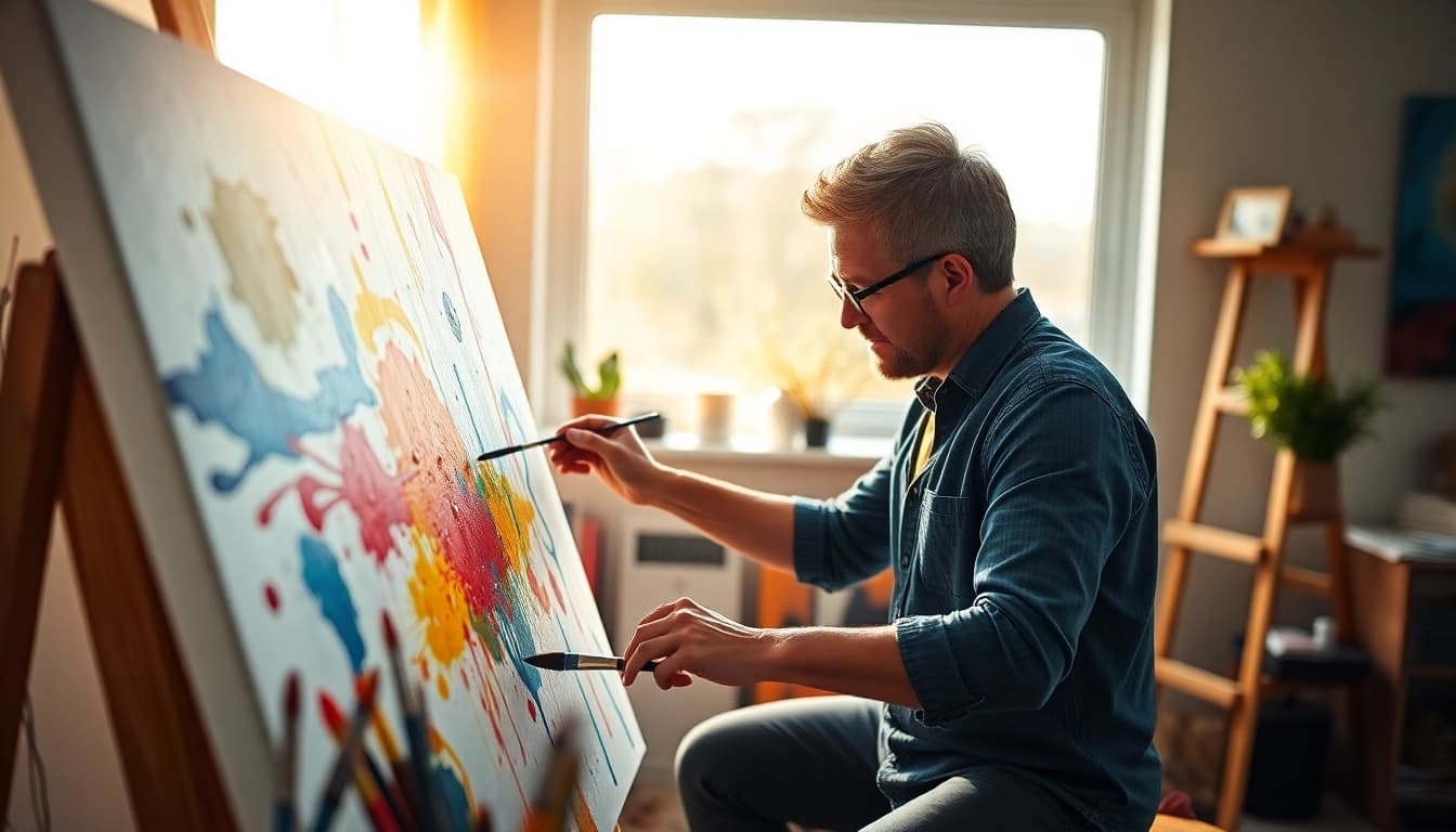 Painter creating an abstract painting in a cozy studio filled with vibrant colors.