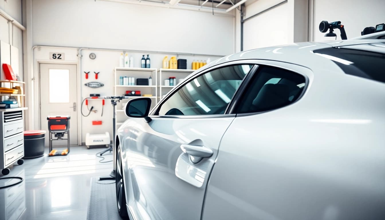 Fahrzeugaufbereitung im Fokus mit professionellem Garagen-Setup und hochwertigen Werkzeugen.