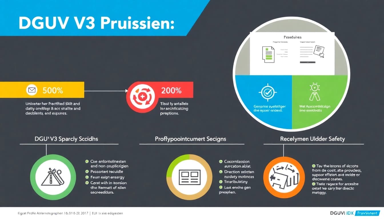 Infographic detailing the DGUV V3 Prüfung procedures, showcasing safety measures and compliance statistics for workplaces.