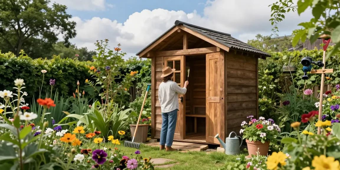Stimmungsvolles Gartenhaus inmitten blühender Pflanzen mit Werkzeugen und einer Person, die das Gartenhaus streicht.