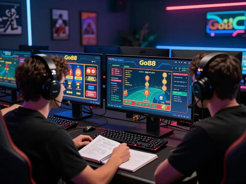 Player engaging with Go88 online casino on multiple screens, emphasizing strategic gameplay in a modern gaming setup.
