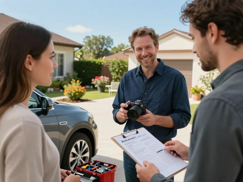 Professioneller Gutachter führt Fahrzeugbewertung für Autohandel-Dienstleistung beim Kunden zu Hause durch.