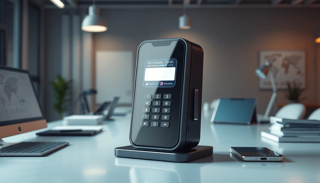 Phonelocker in a modern office setup showcasing advanced technology on a sleek workspace.