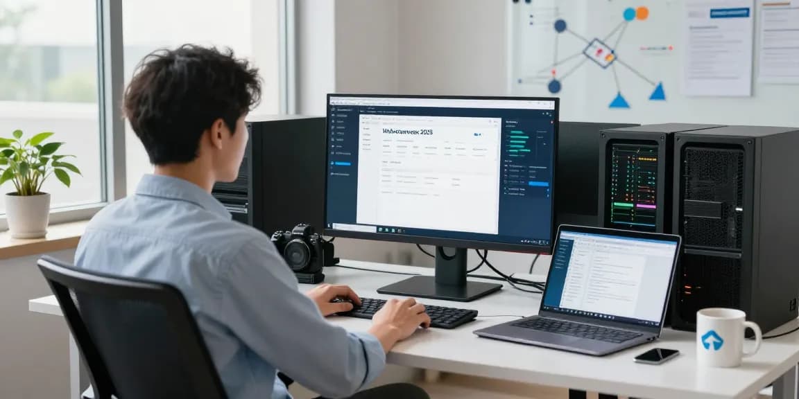 Microsoft Windows Server Standard 2025 preiswert in einem professionellen Servermanagement-Arbeitsbereich mit IT-Administrator und modernen Technologien.