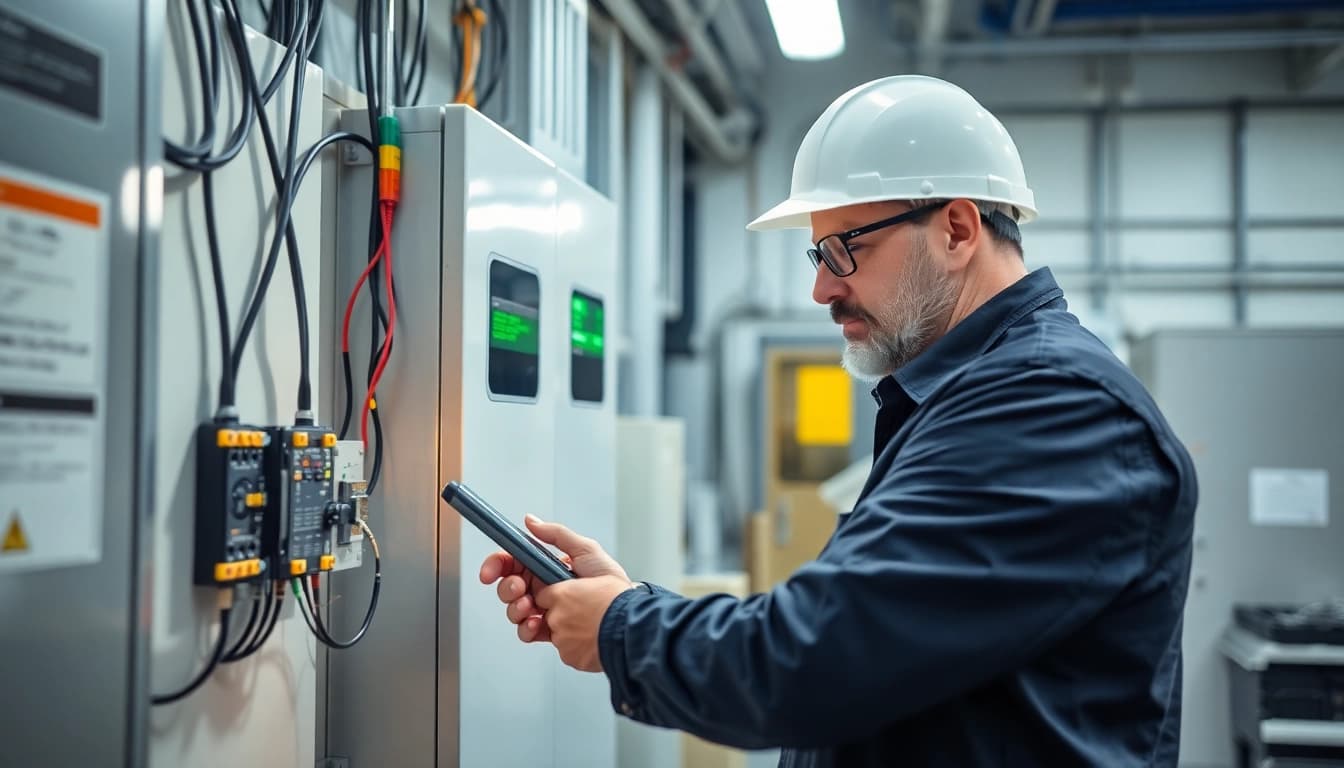 Techniker führt eine Funktionsprüfung an elektrischen Anlagen durch und überprüft die Leistung.
