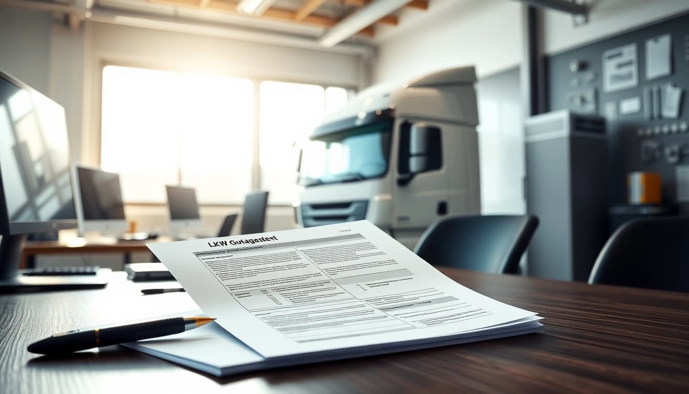 Lkw Gutachten Augsburg: Ein detaillierter Bericht liegt auf dem Tisch in einem professionellen Büro.