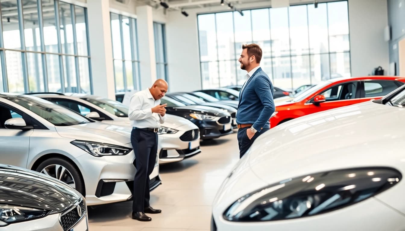 Auto kaufen in einem modernen Autohaus mit freundlichem Verkaufsberater und verschiedenen Fahrzeugen