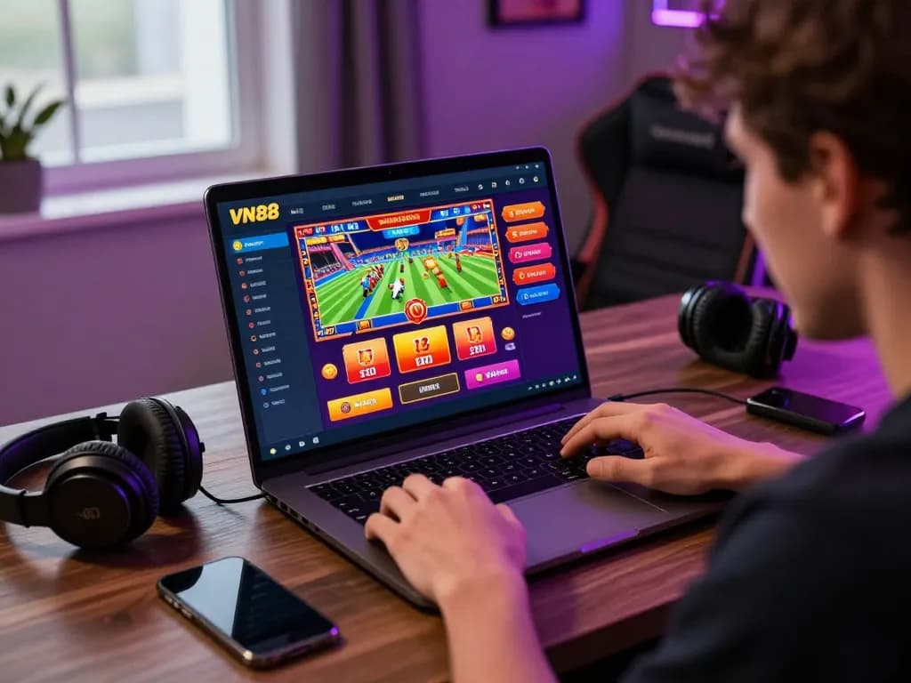 Engaged player exploring VN88 betting platform on laptop showcasing sports and casino games.