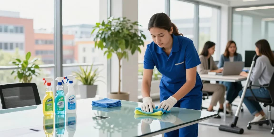 Professional cleaner providing unterhaltsreinigung solothurn service in modern office with bright atmosphere and organized supplies.
