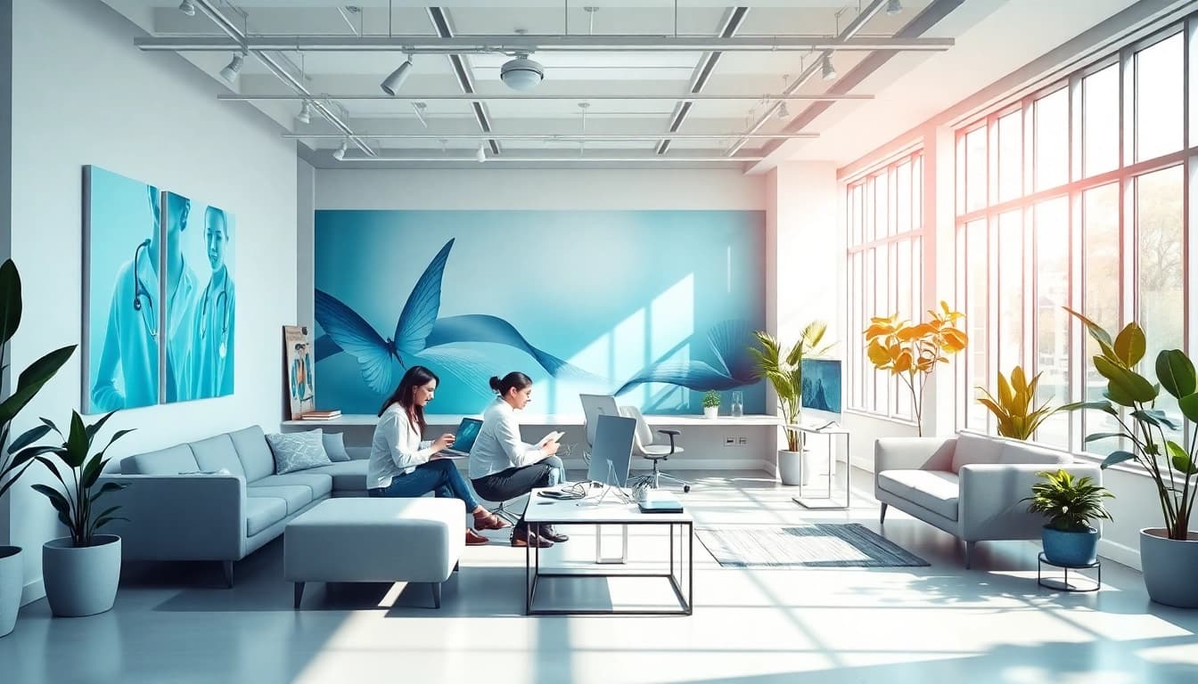 Creative workspace of a werbeagentur pflege promoting healthcare marketing.