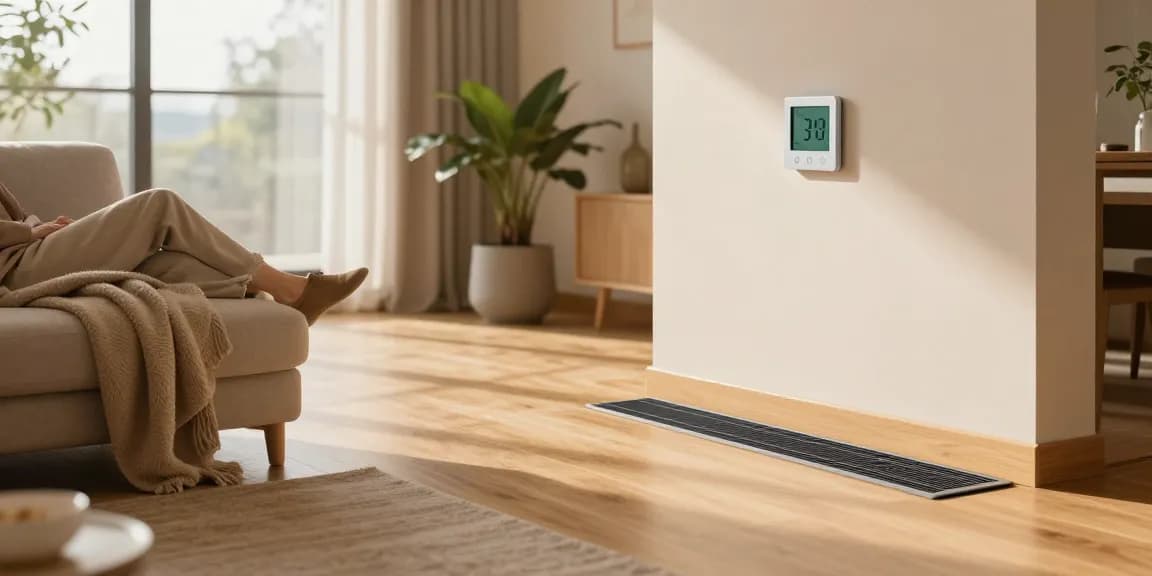 Infrarot Fußbodenheizungssystem in einem modernen Wohnzimmer präsentiert, das Komfort und Effizienz hervorhebt.