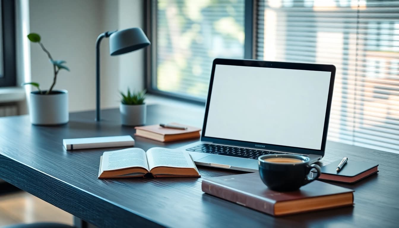 Effizientes Arbeitsumfeld für Digitales Marketing mit Laptop und Notizen