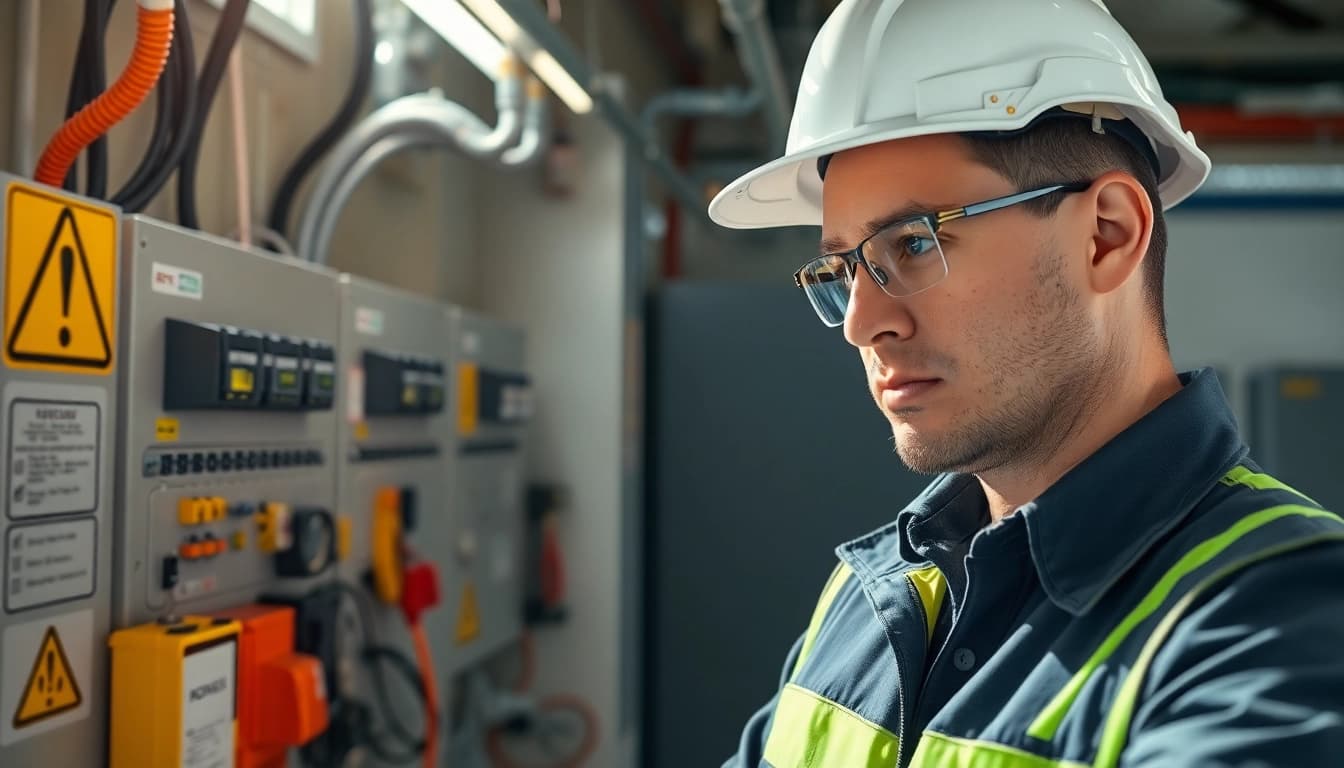 Technician conducting DGUV V3 Prüfung on electrical equipment in a workplace.