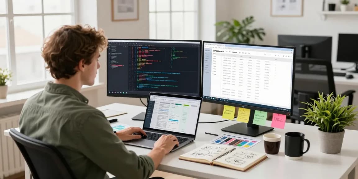 Shopware-Freelancer arbeitet an E-Commerce-Lösungen in einem hellen Arbeitsbereich.