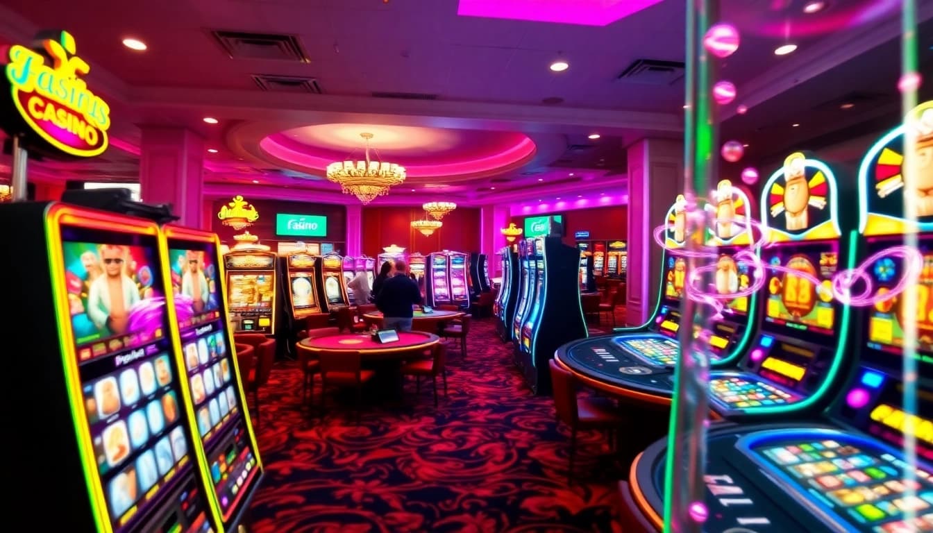 Spiele in den besten Casinos ohne deutsche Lizenz genießen - lebhaftes Casino-Ambiente mit Spielautomaten und Tischen.