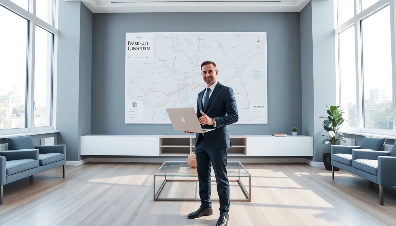 Immobilienmakler Frankfurt Ginnheim zeigt Karte von Ginnheim in modernem Büro.