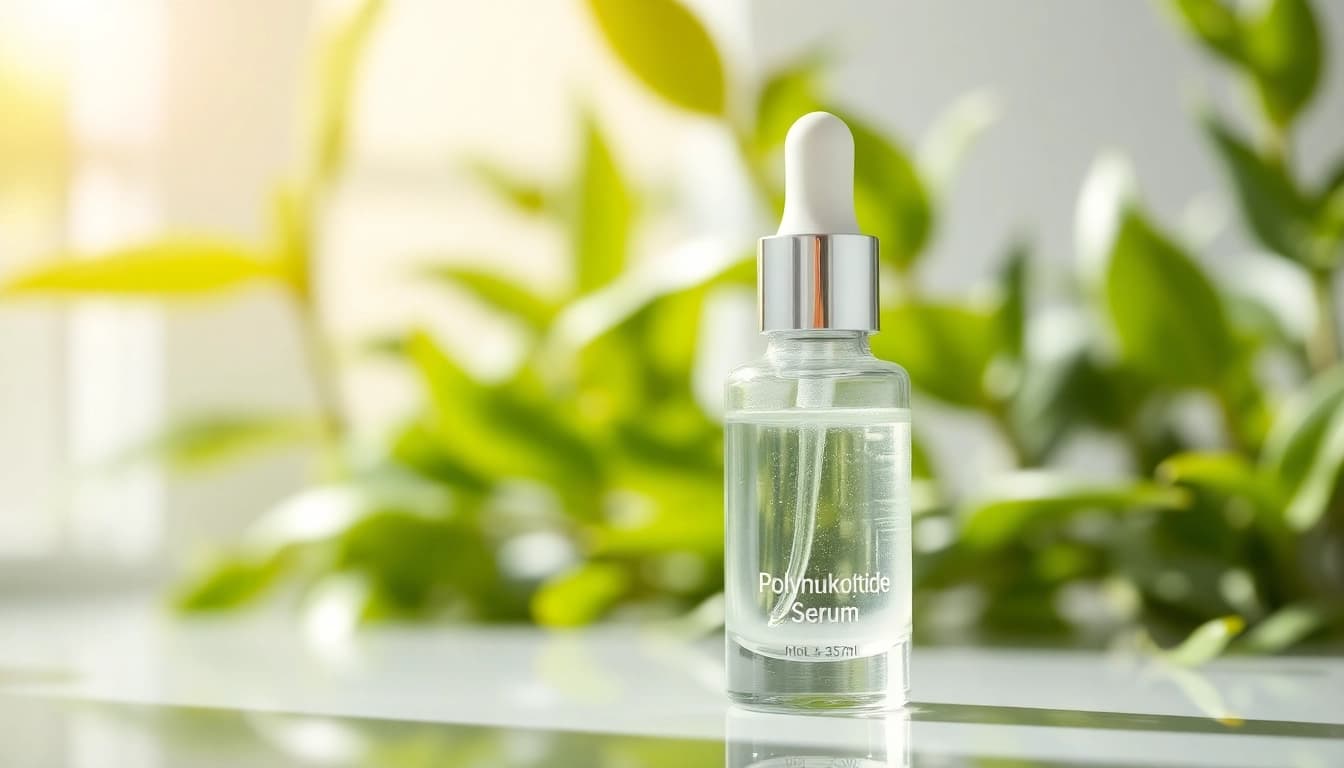 Polynukleotide in a sleek vial amidst lush greenery, highlighting its natural skincare benefits.
