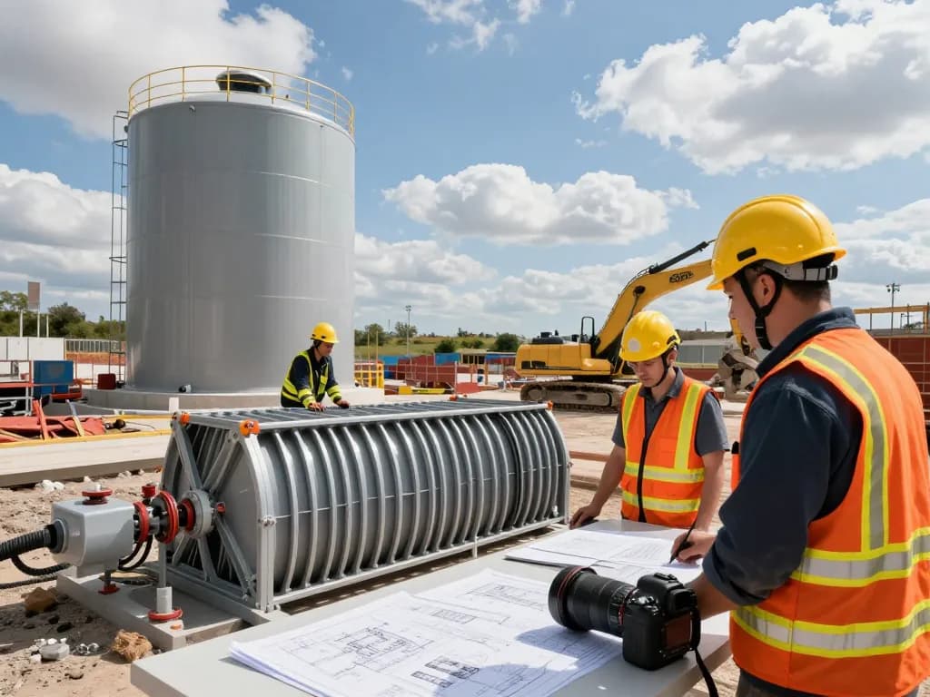 Frostbeständige Löschwasserzisterne für Infrastrukturprojekt mit Arbeitern, die Lösungen für Löschwassertanks bewerten.