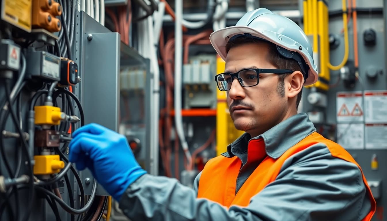 DGUV V3 Prüfung durch einen Techniker in einem industriellen Umfeld mit sicherheitsrelevanten Geräten.