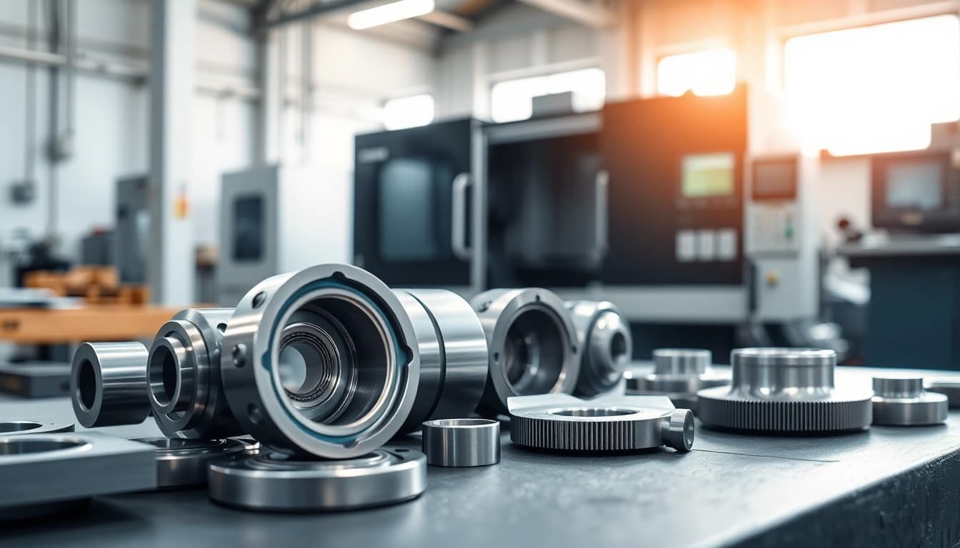 Frästeile auf einem Arbeitstisch in einer modernen Werkstatt mit CNC-Maschinen