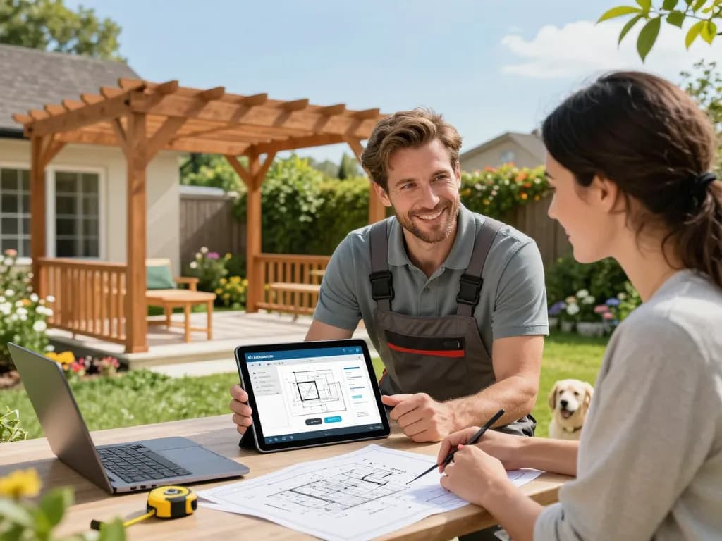 Fachmann nutzt Software für Pergola-Installateure in einem sonnigen Garten, um die Pergola eines Kunden zu entwerfen und zu bauen.