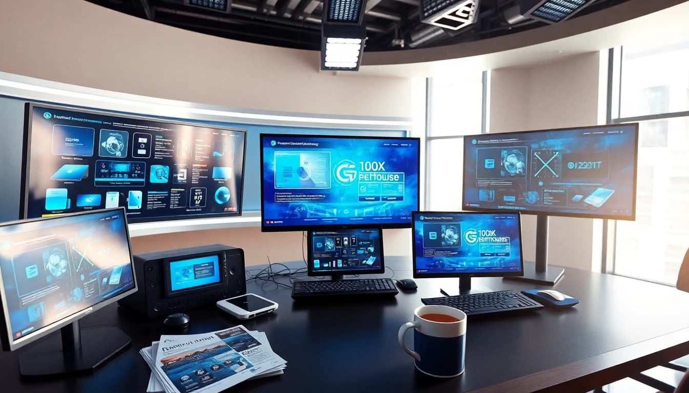 Technik News auf einem modernen Nachrichtenstudiotisch mit neuesten Gadgets und computergestützten Schnittstellen.