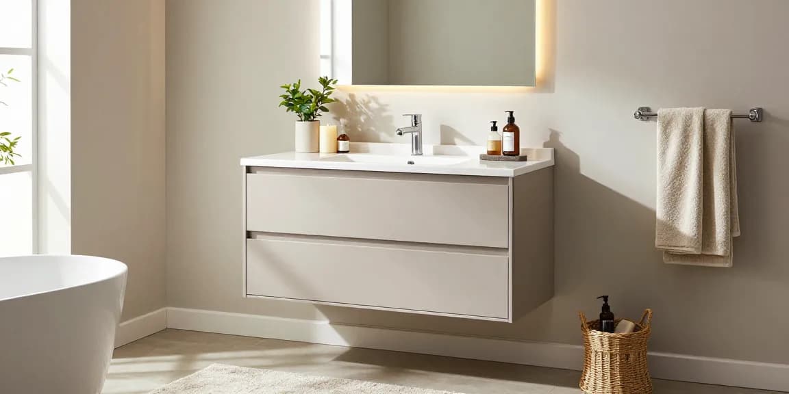 Elegante badkamer met een moderne wastafel onderkast, stijlvolle spiegel en gezellige decoratie.