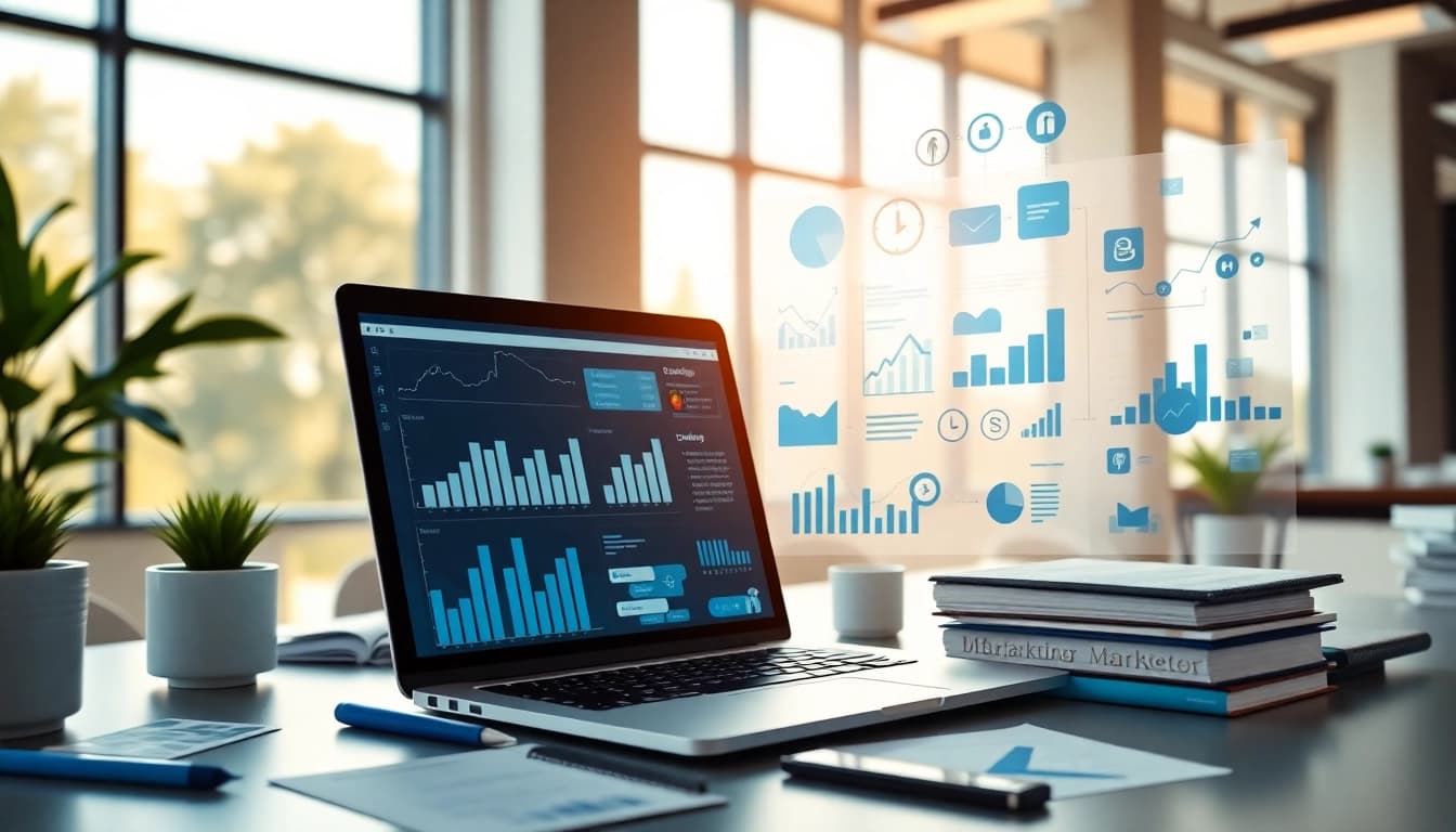 Online Marketing Strategien in einem professionellen digitalen Marketing-Arbeitsplatz analysieren.