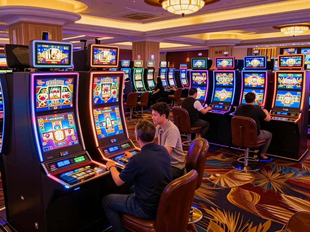 Players engaging with slot machines at a bustling casino showcasing directregth through lively atmosphere and excitement.