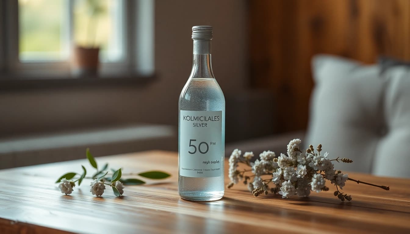 Kolloidales Silber 50 ppm Flasche auf einem Holztisch, umgeben von Pflanzen, betont die Natürlichkeit und Reinheit des Produkts.