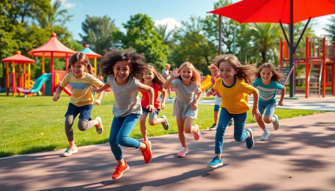 Jetzt Details ansehen, Kinder spielen und bewegen sich froehlich in einem Park.