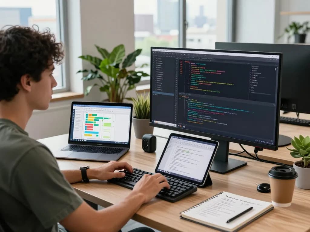 Moltbot AI workspace with developer coding and advanced tech tools highlighting clawdbot ai integration in a modern office.