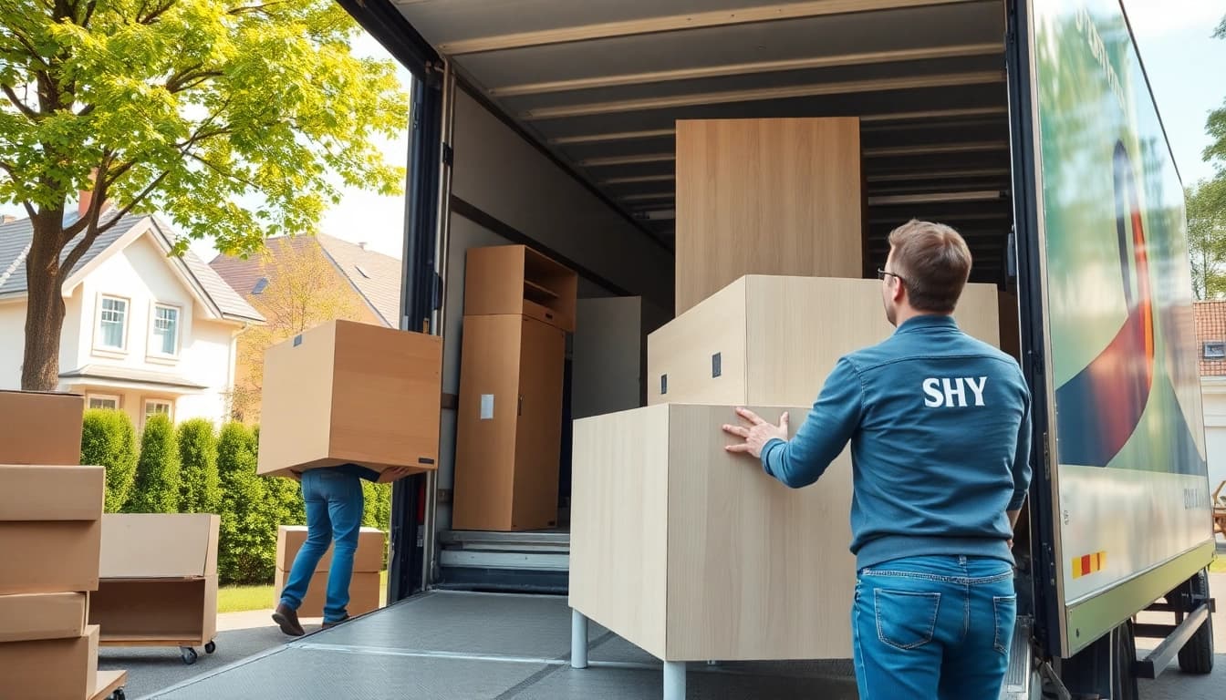 Umzugsunternehmen Darmstadt effizient Möbel in einen Lkw einladen.