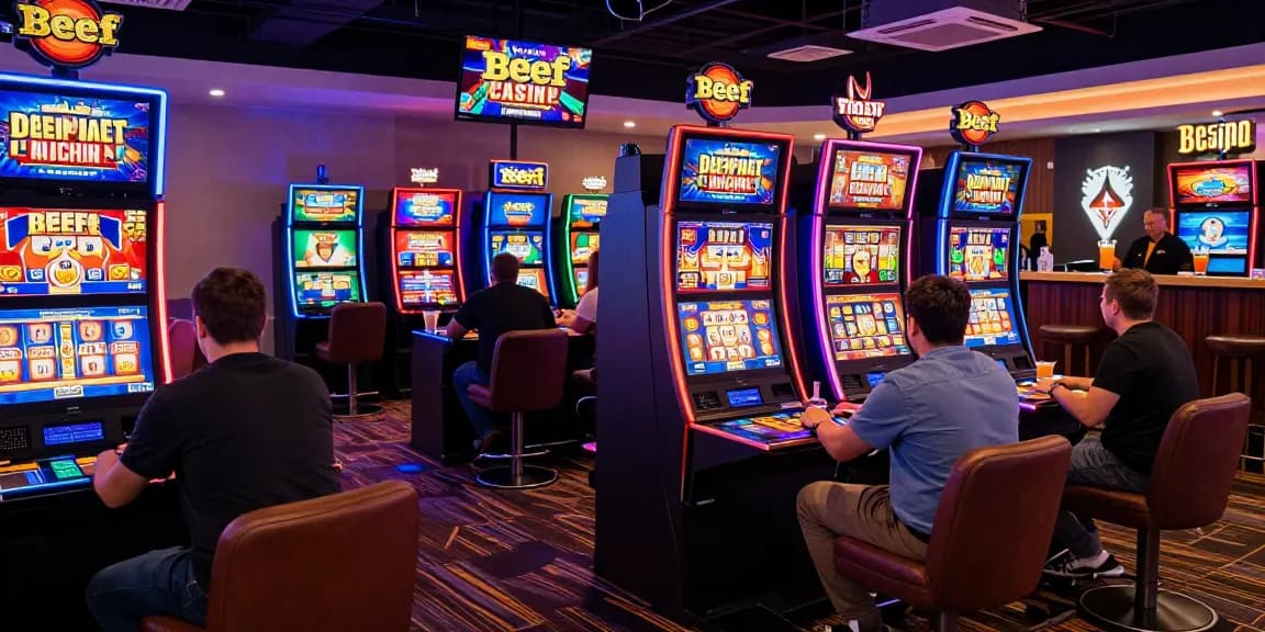 Beef Casino Online mit Spielern an Spielautomaten, lebendige Atmosphäre und spannende Promotions.