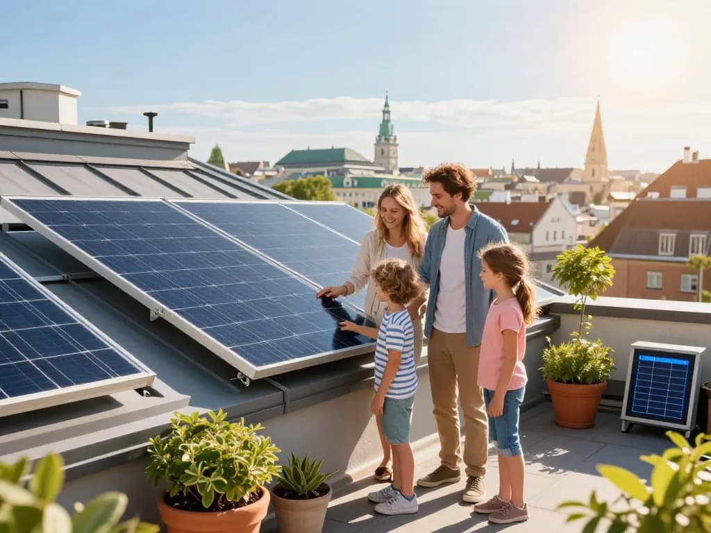 Familie genießt ihr Photovoltaik-Wien-Dachsystem und untersucht Solarpanels in einer sonnigen Umgebung in Wien.