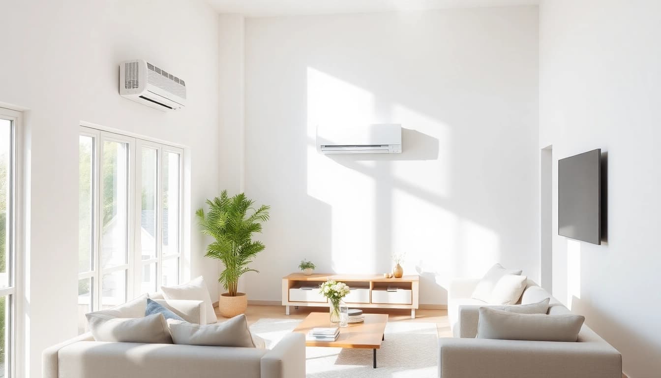 Klimaanlagen kaufen: Modernes Wohnzimmer mit energieeffizienter Klimaanlage und hellem Ambiente.