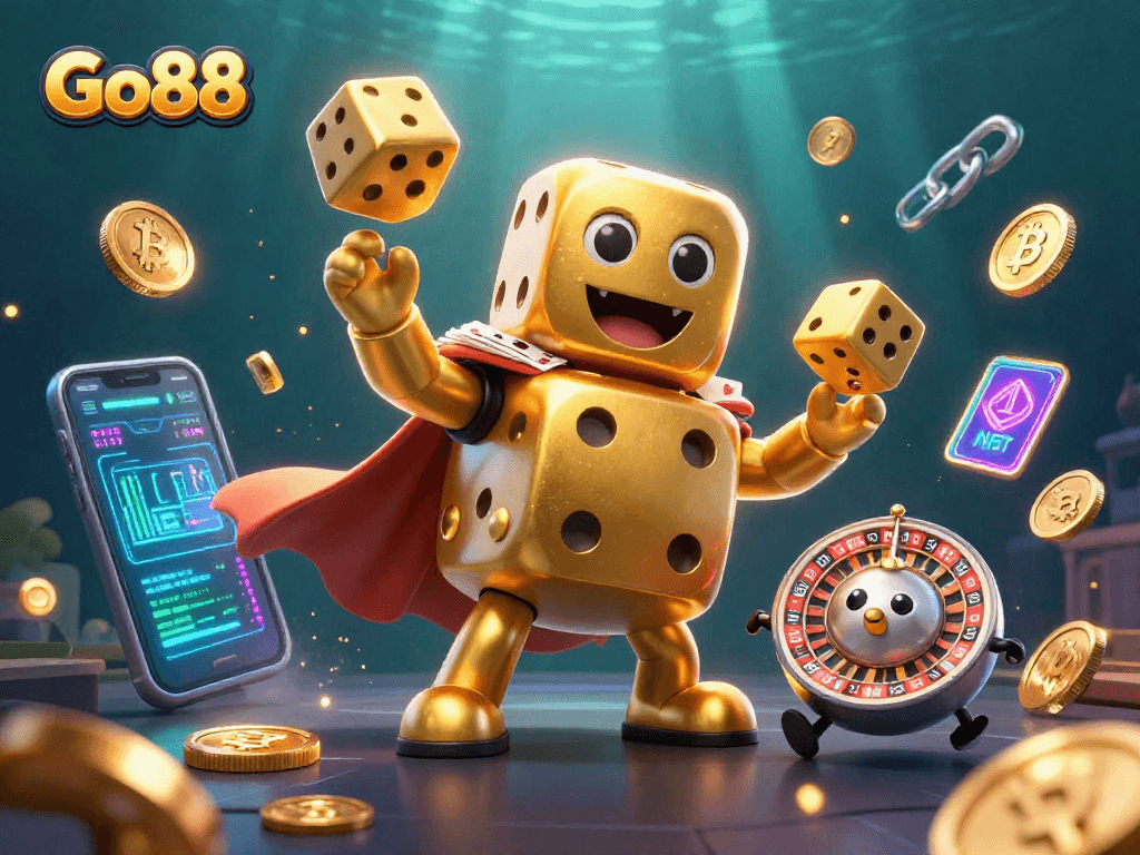 Enhance your gaming with Go88's breathtaking illustration showcasing dynamic casino action and crypto elements.