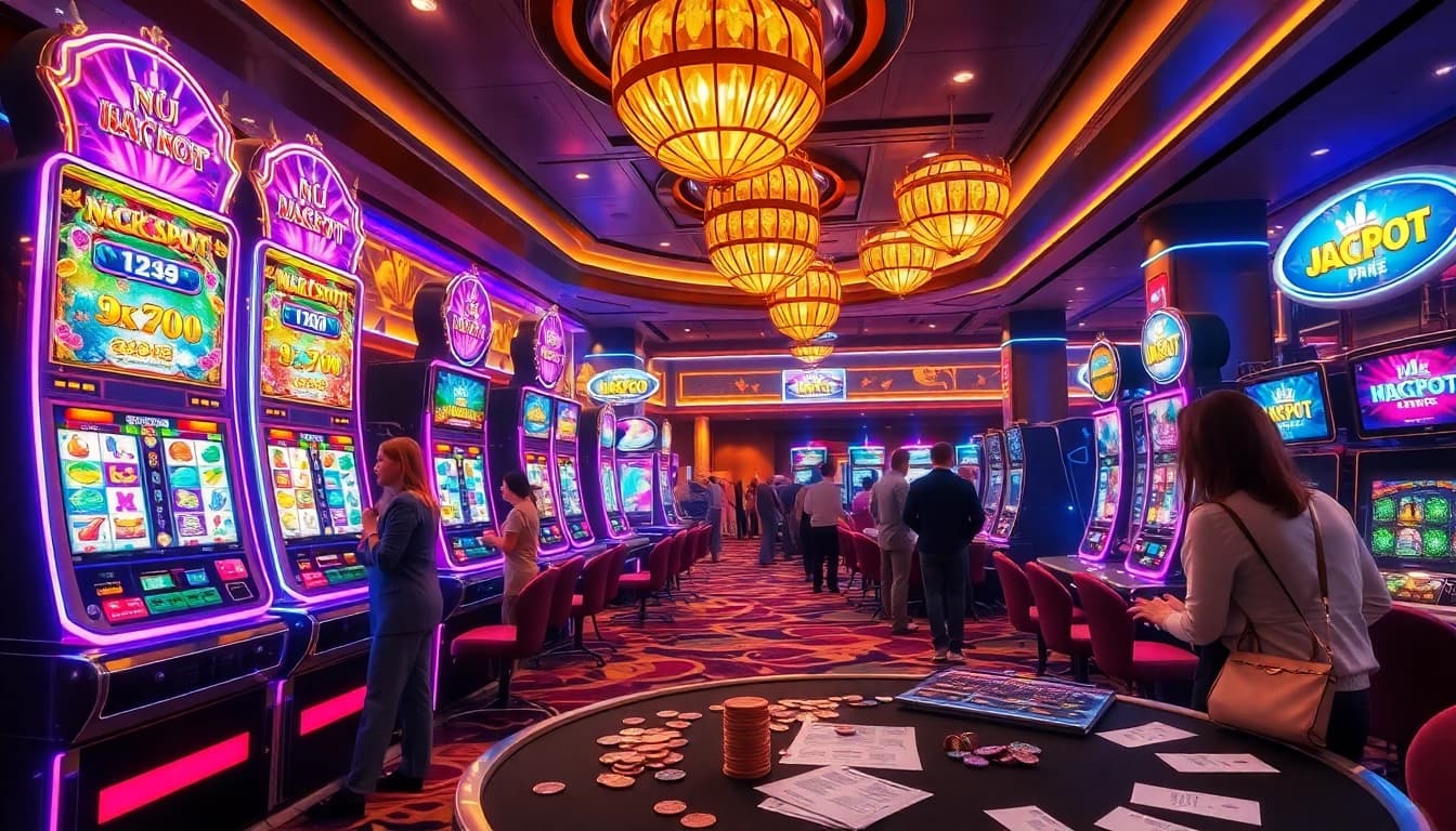 Experience the excitement of nổ hũ with vibrant slot machines in a luxurious casino environment.