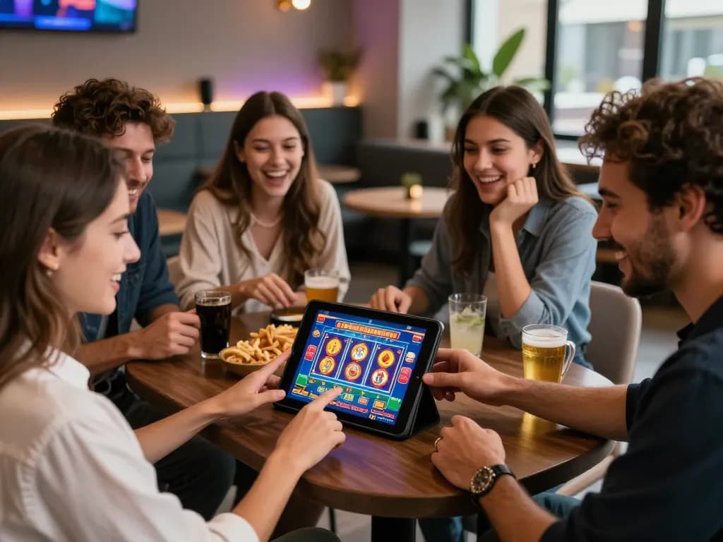 Group of friends enjoying aud77 online casino game together in vibrant digital lounge setting.