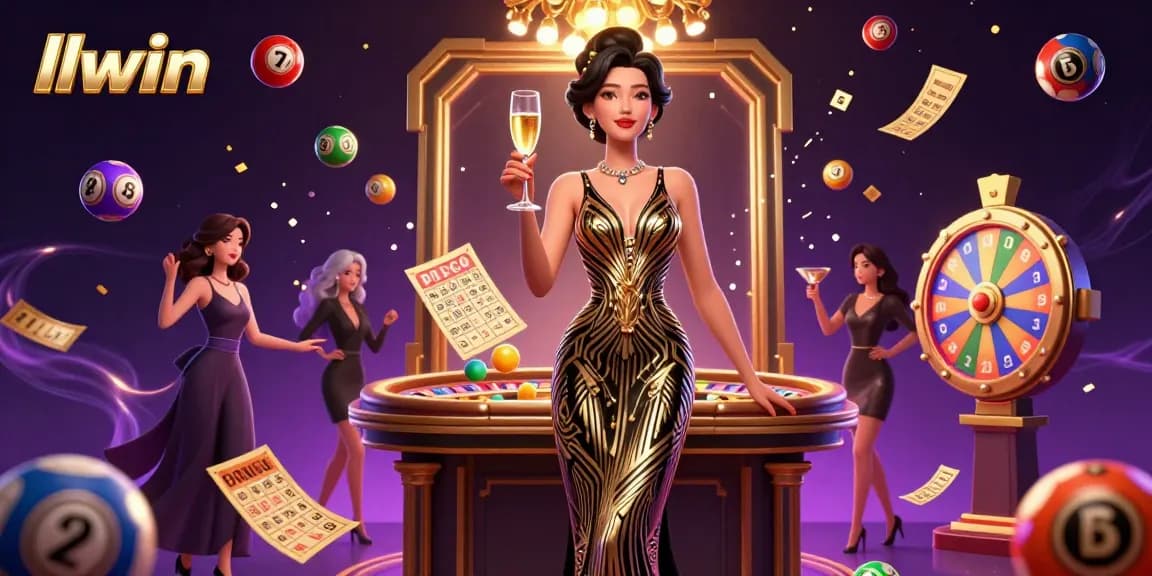 Experience the thrill of llwin with a glamorous scene featuring a sophisticated Asian woman celebrating her wins in a vibrant casino environment.