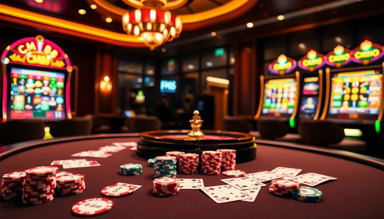 Experience the thrill of CM88 in a luxurious casino with vibrant poker chips and a spinning roulette wheel.