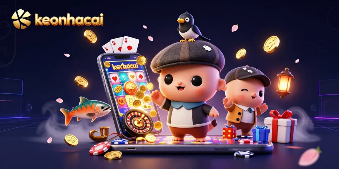 Engage in thrilling gaming with keonhacai, showcasing vibrant 3D characters and dynamic casino elements.